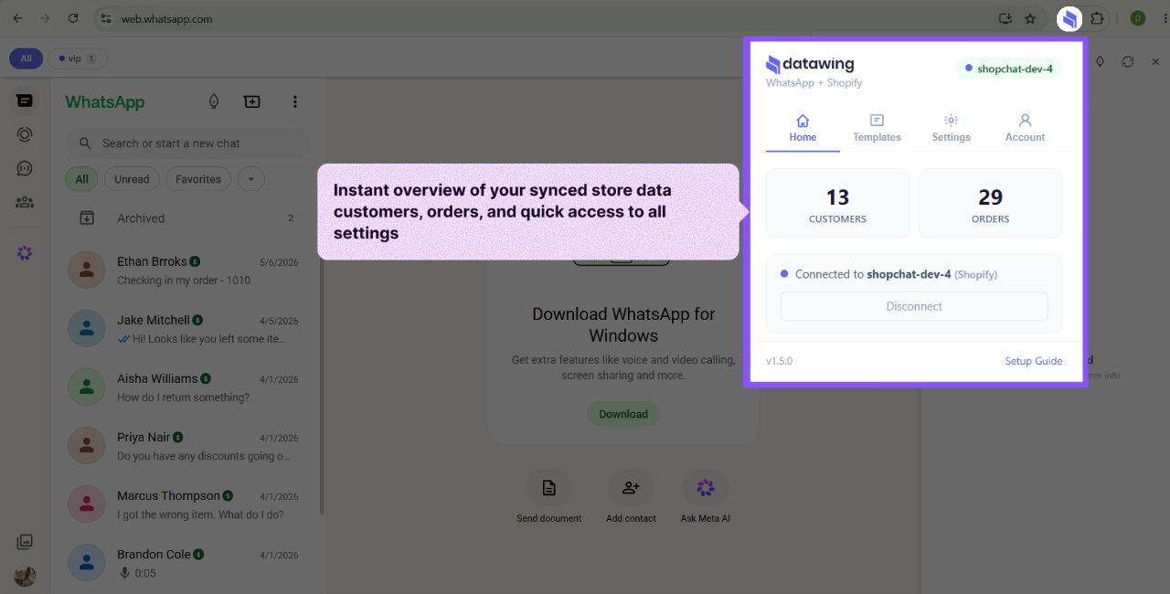 Connected: store stats in the DataWing popup