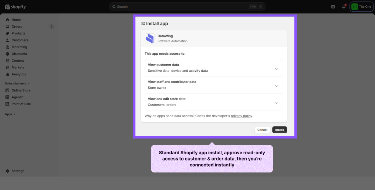 Install the DataWing app on Shopify and approve access