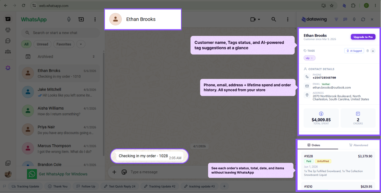 The DataWing sidebar showing customer info and order history inside WhatsApp