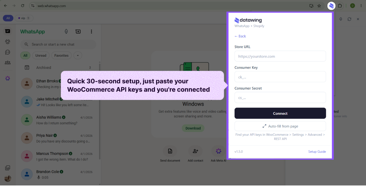 Paste your WooCommerce store URL and API keys into DataWing